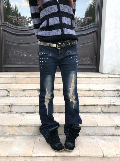 スタッズ ダメージ フレアデニム　AL1112