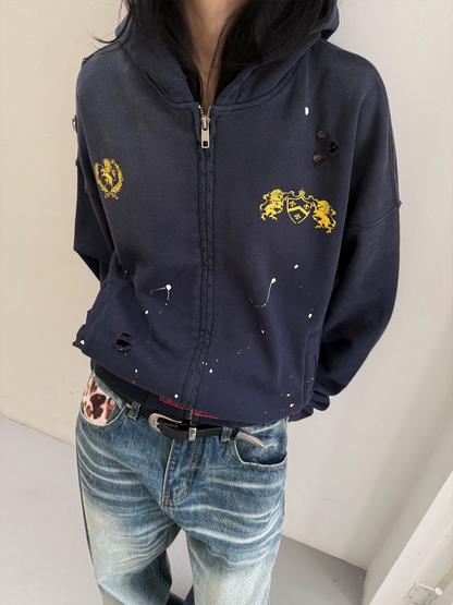 ヴィンテージウォッシュ ゴールド刺繍 ショートジップパーカー　AL1114